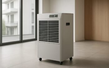 A modern commercial dehumidifier on wheels positioned in a bright, minimalistic room with large windows.
