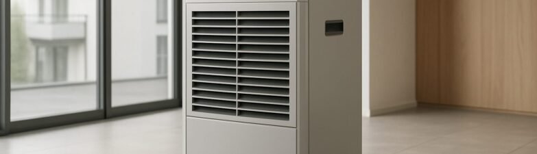 A modern commercial dehumidifier on wheels positioned in a bright, minimalistic room with large windows.