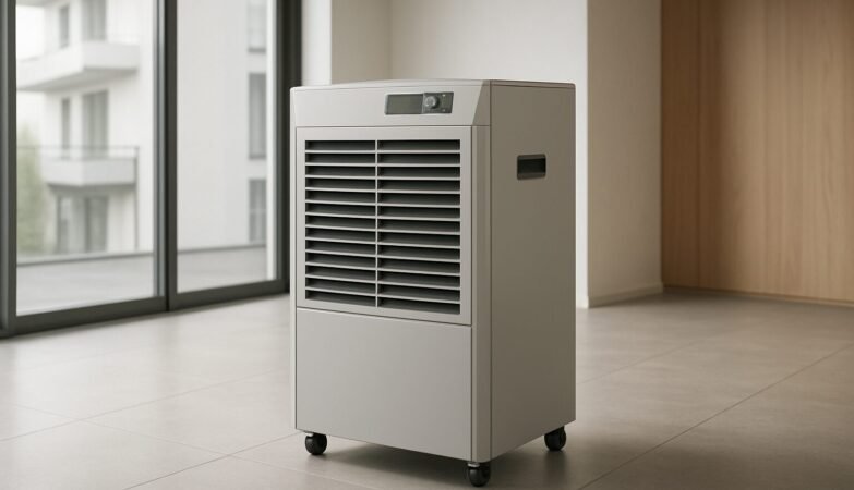 A modern commercial dehumidifier on wheels positioned in a bright, minimalistic room with large windows.